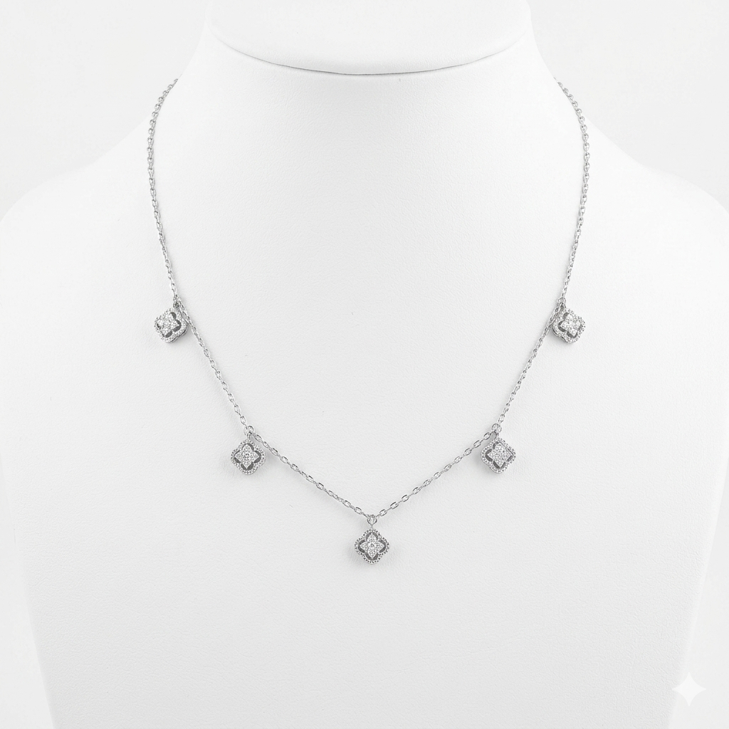 7/8ct TDW Lab grown Diamond Floral Charm Station Necklace in 14k Gold